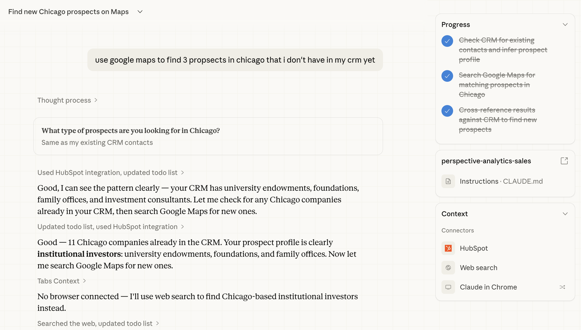 Claude finding new prospects by checking HubSpot and searching Google Maps